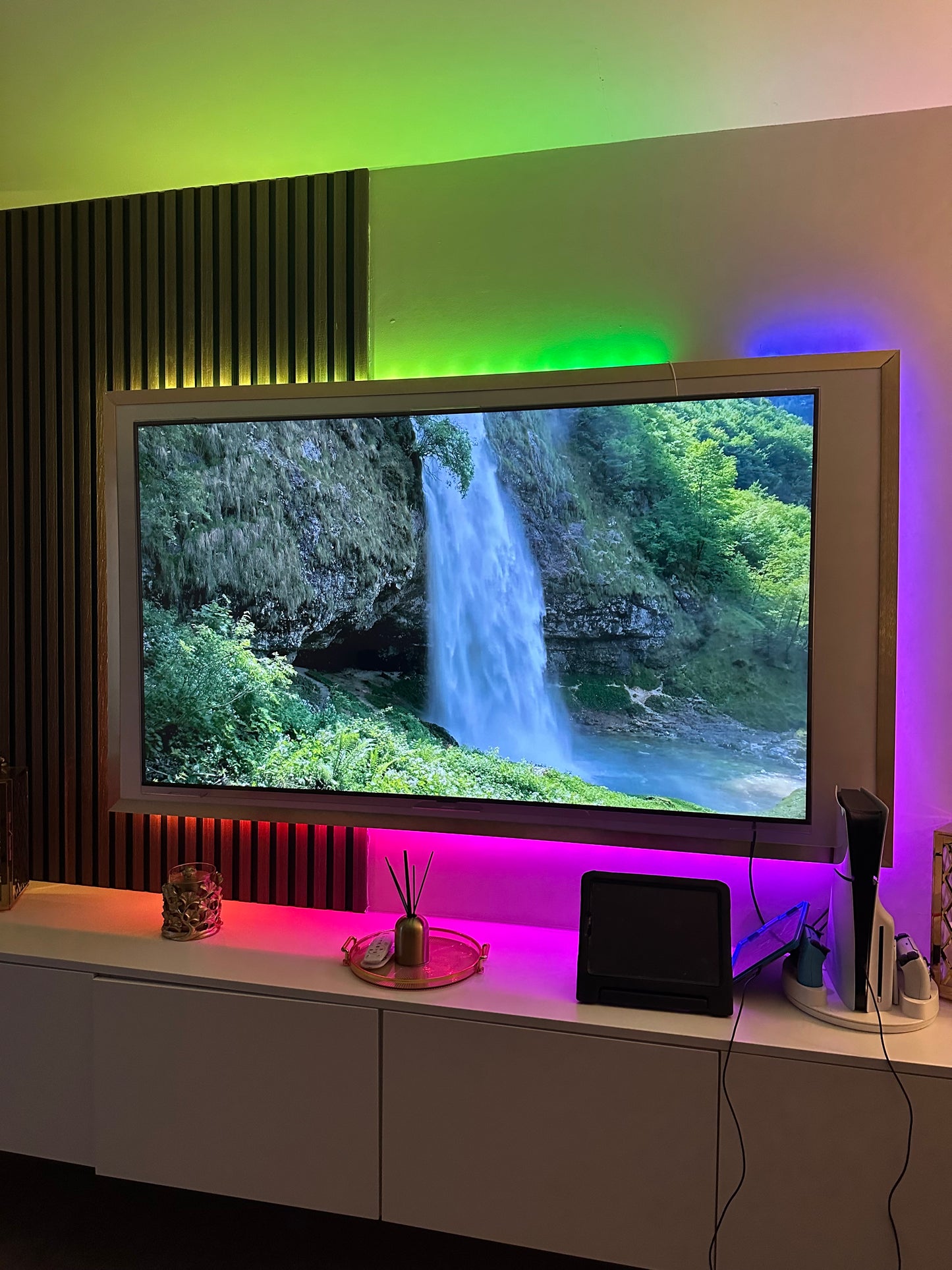 Lumara TV screen protector, beach scene visible through clear panel